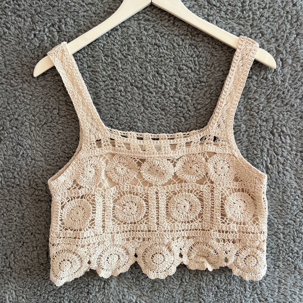 Rebellion Crochet Crop Tank Top L Cream Boho Festival Scalloped Cotton